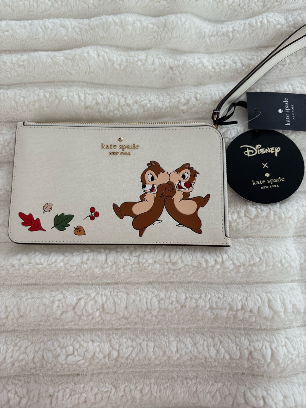 kate spade Cream Chip & Dale Leather Wristlet with Leaf Motif